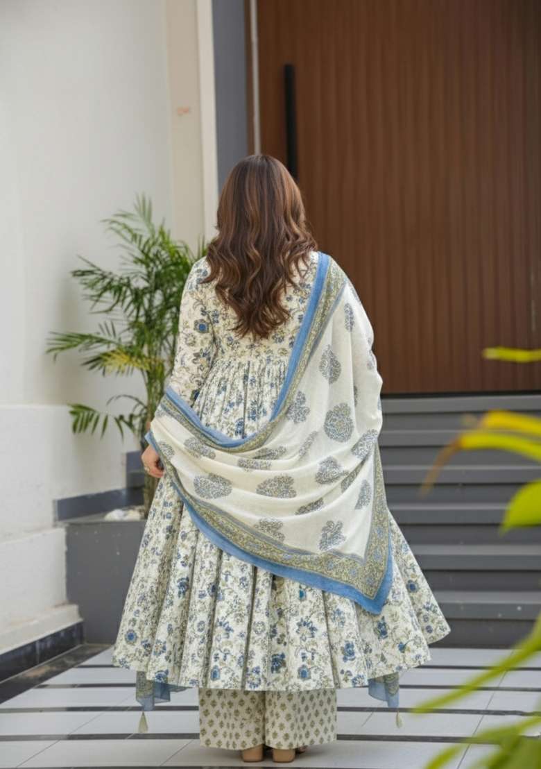Off White Floral Print Silk Anarkali Set - Indya