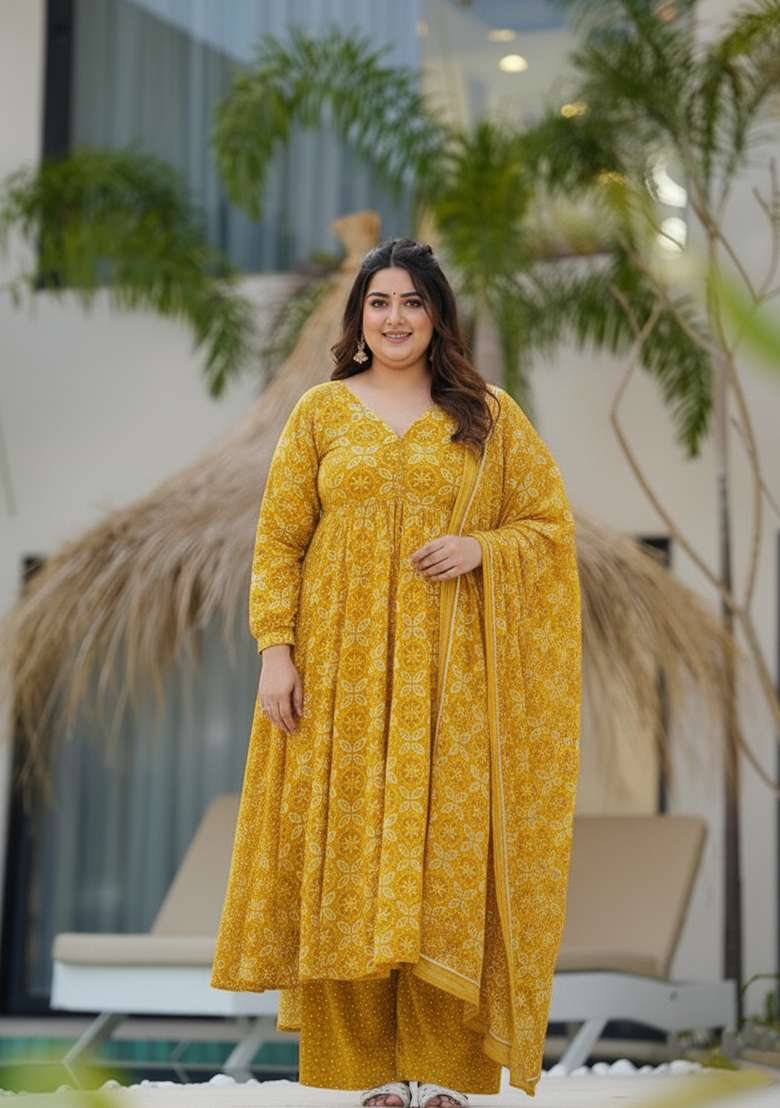 Yellow Floral Print Silk Blend Anarkali Set - Indya