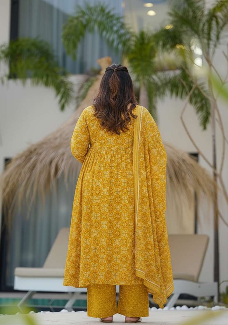 Yellow Floral Print Silk Blend Anarkali Set - Indya