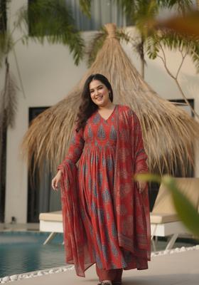 Red Printed Art Silk Salwar Kameez