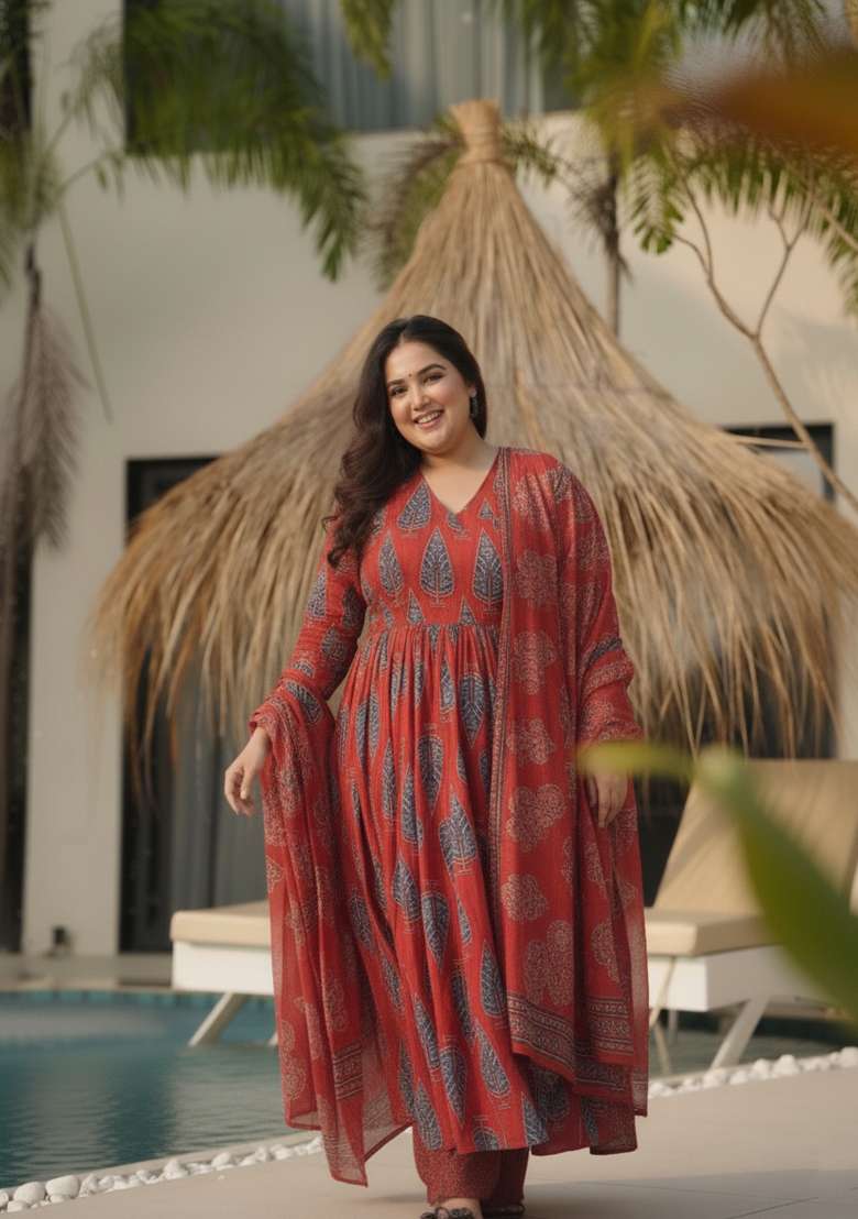 Red Printed Silk Anarkali Set - Indya