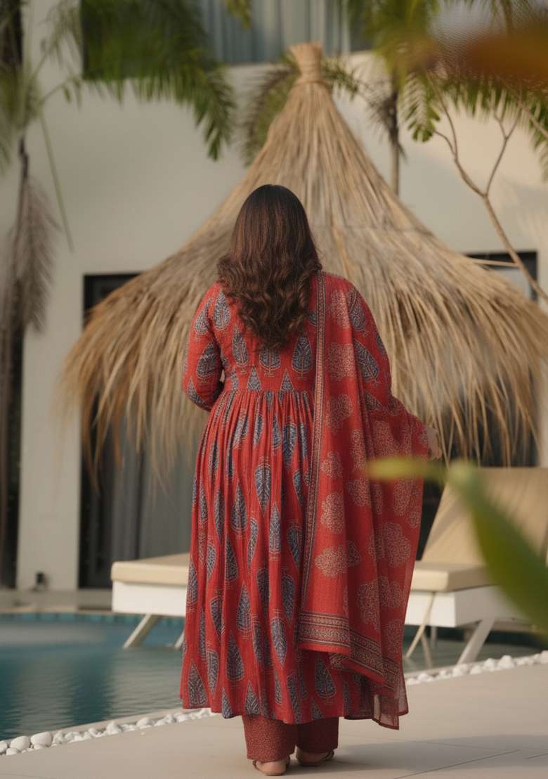 Red Printed Silk Anarkali Set - Indya
