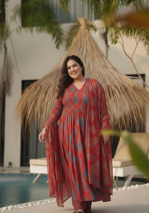 Red Printed Art Silk Salwar Kameez