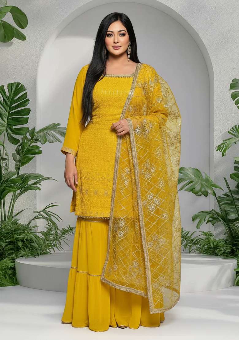 Yellow Embroidered Georgette Sharara Set - Indya