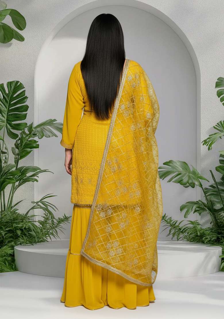 Yellow Embroidered Georgette Sharara Set - Indya