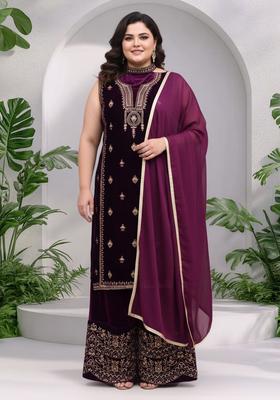 Purple Embroidery Velvet Kurta Set