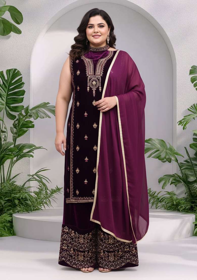 Purple Embroidery Velvet Kurta Set - Indya