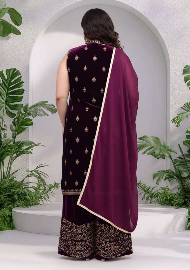 Purple Embroidery Velvet Kurta Set - Indya