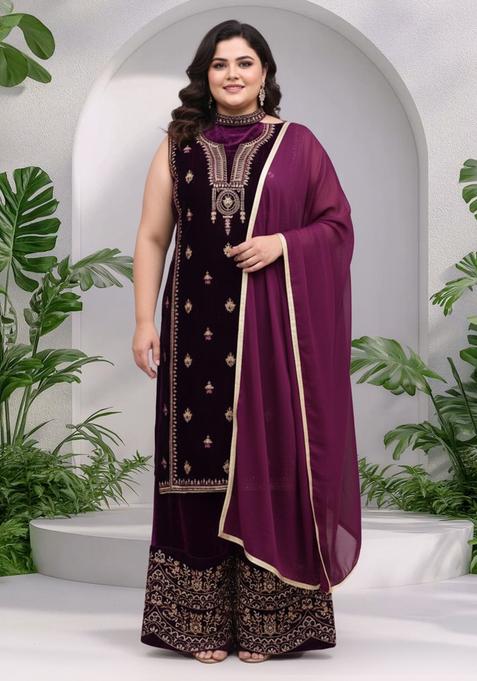 Purple Embroidery Velvet Kurta Set