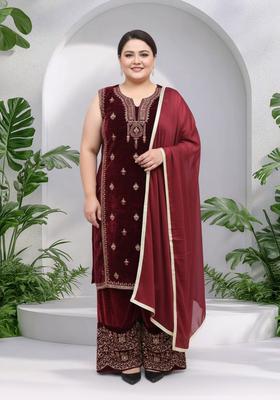 Maroon Embroidery Velvet Kurta Set