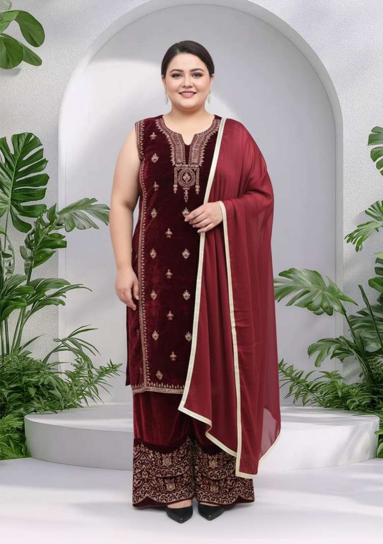 Maroon Embroidered Velvet Sharara Set - Indya