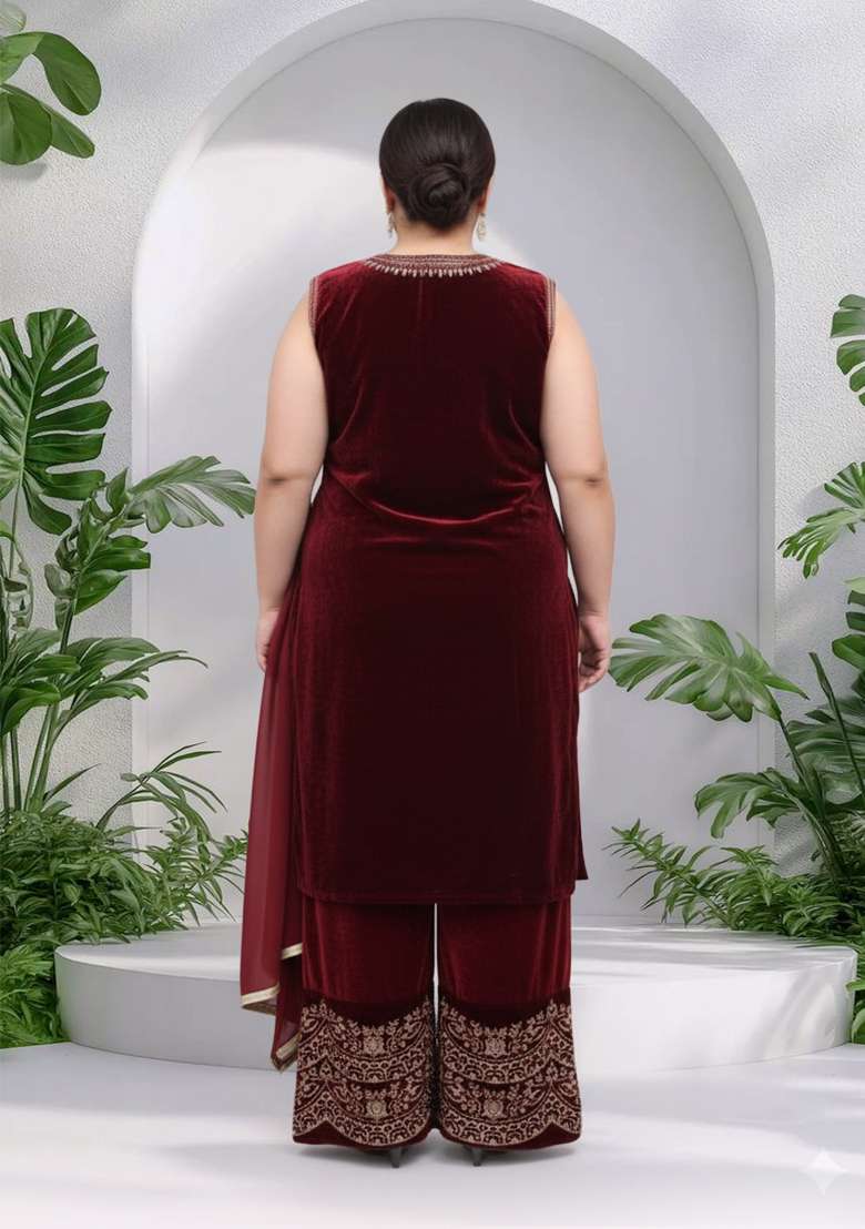Maroon Embroidered Velvet Sharara Set - Indya