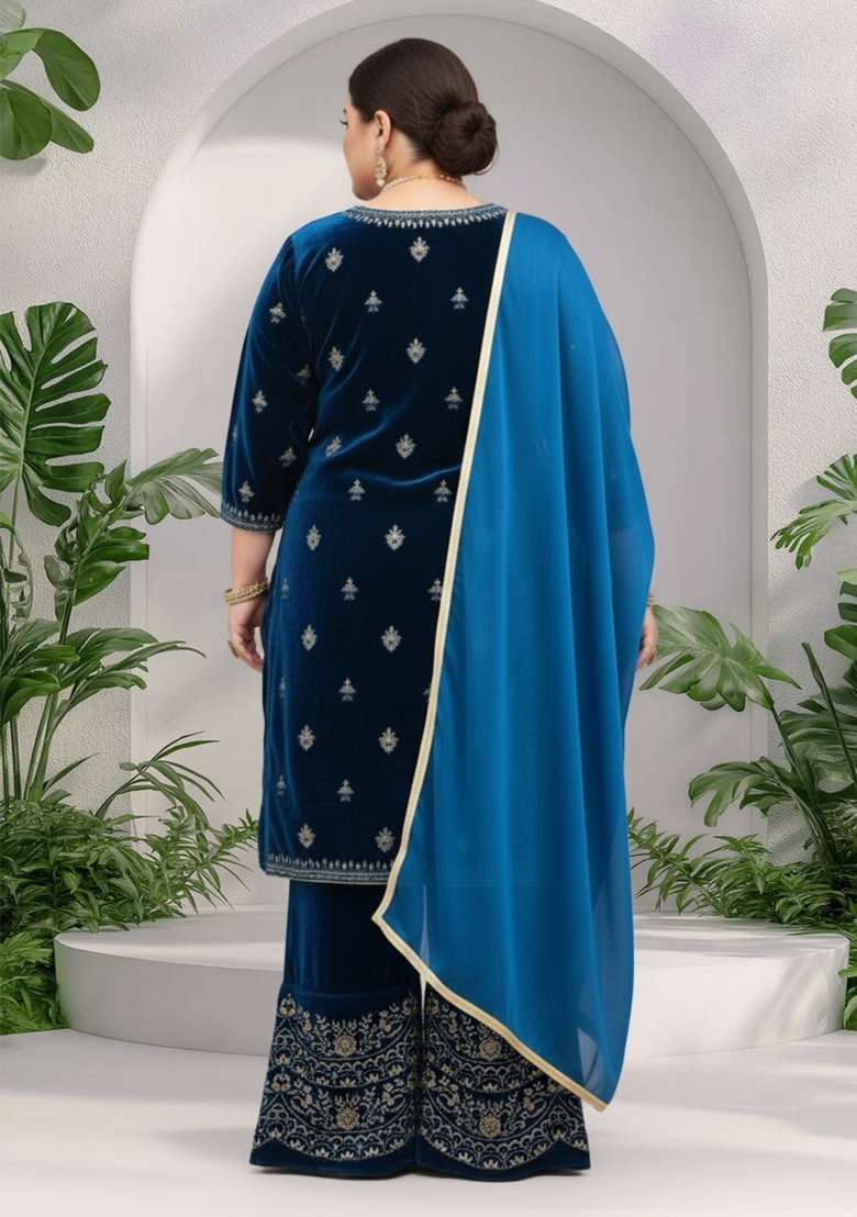 Teal Embroidery Velvet Sharara Set - Indya