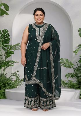 Green Embroidered Silk Blend Sharara Set