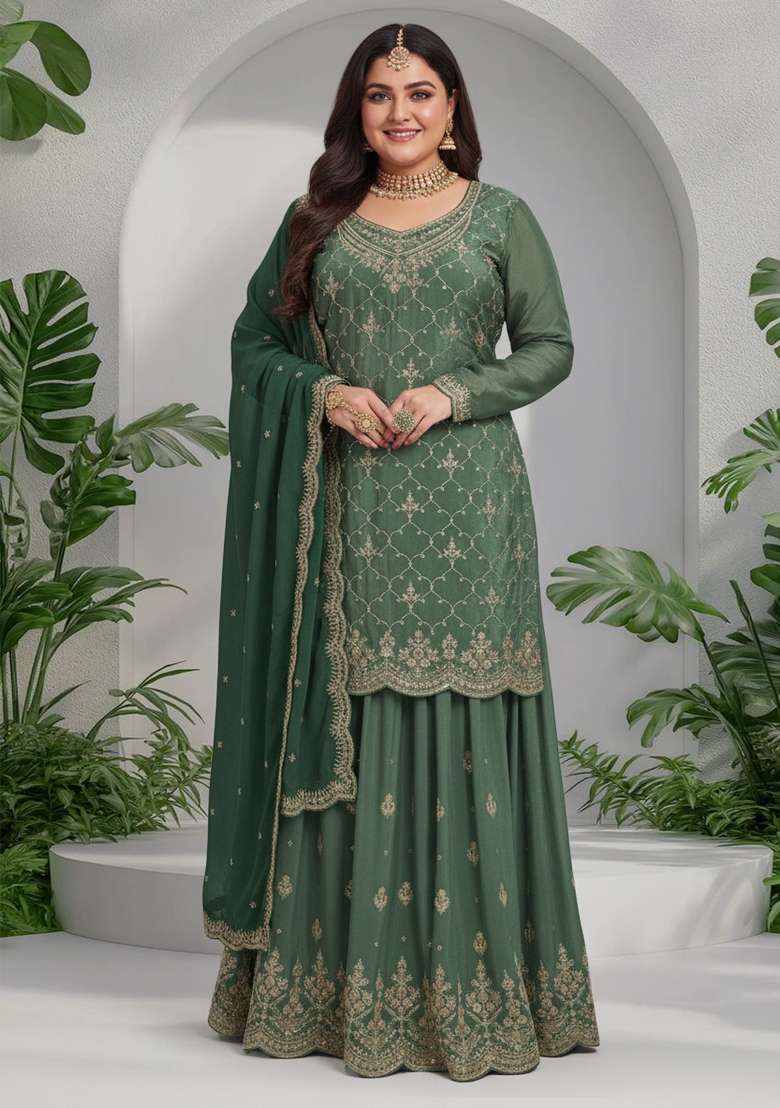 Green Embroidery Chinon Sharara Set - Indya