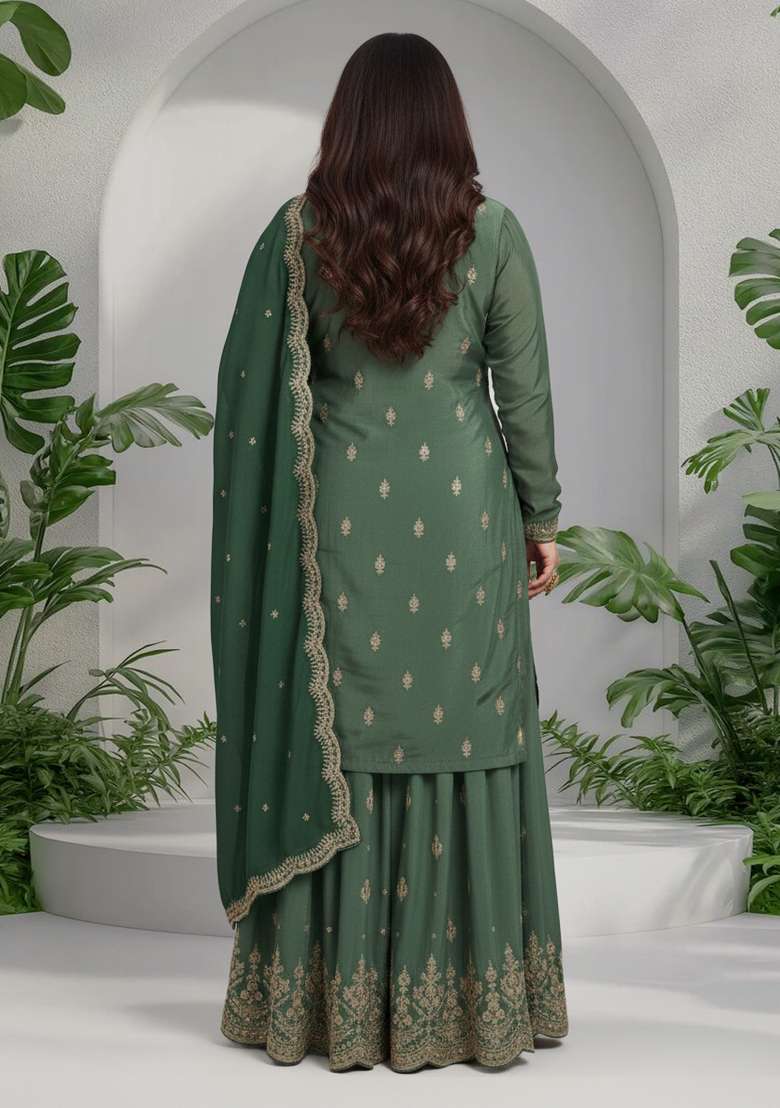 Green Embroidery Chinon Sharara Set - Indya