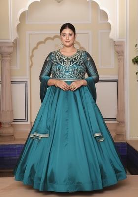 Rama Blue Embroidered Silk Anarkali Set