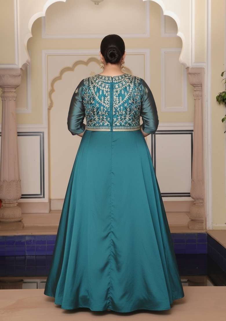 Rama Blue Embroidered Silk Anarkali Set - Indya