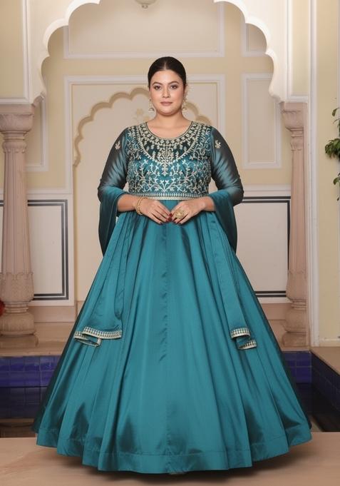 Rama Blue Embroidered Silk Anarkali Set