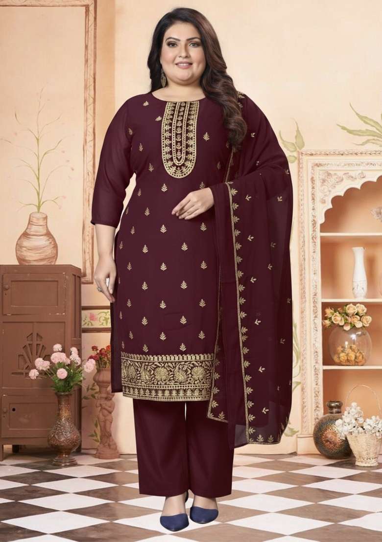 Maroon Embroidered Georgette Straight Kurta Set - Indya