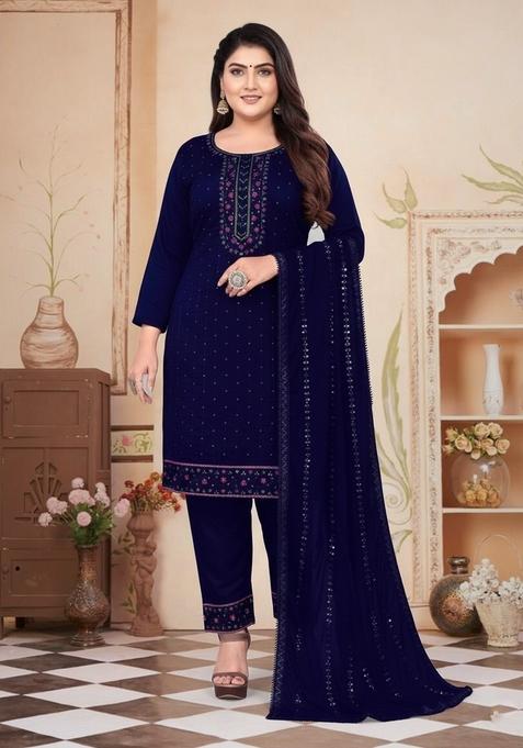Blue Embroidered Cotton Blended Kurta Set