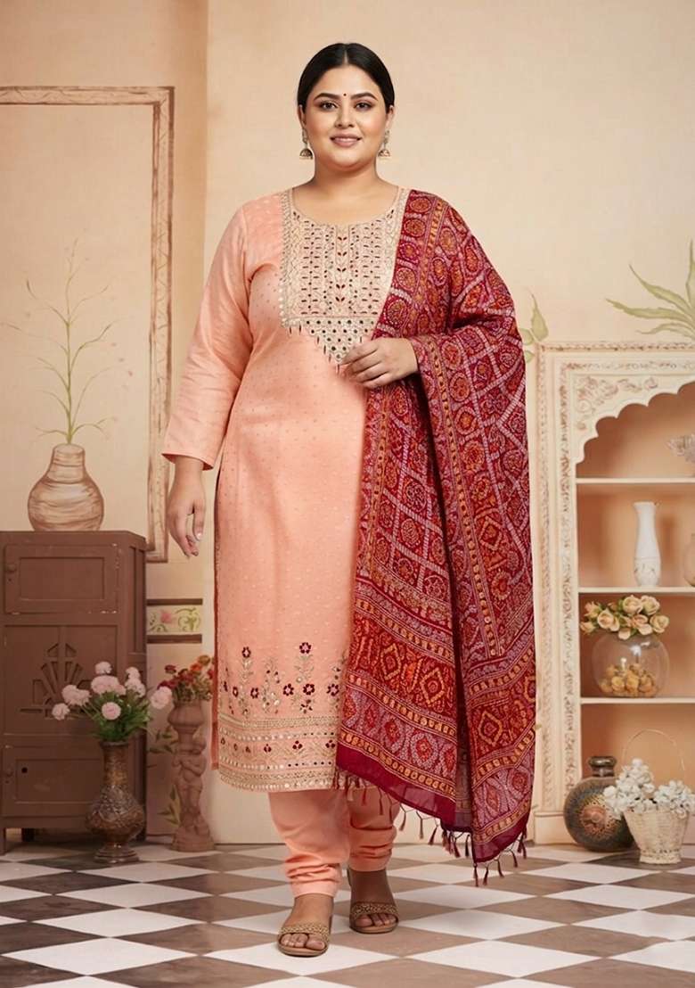 Peach Mirror Work Blended Straight Kurta Set - Indya