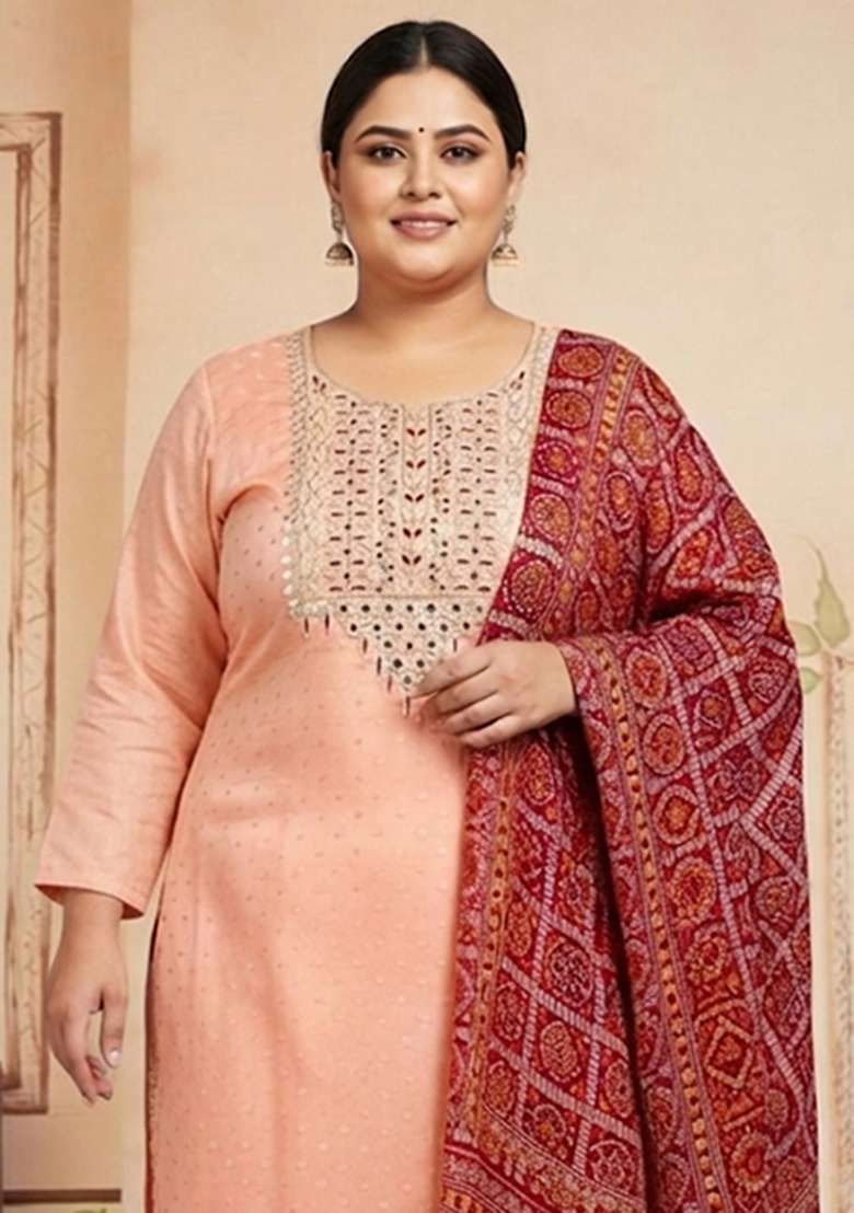 Peach Mirror Work Blended Straight Kurta Set - Indya
