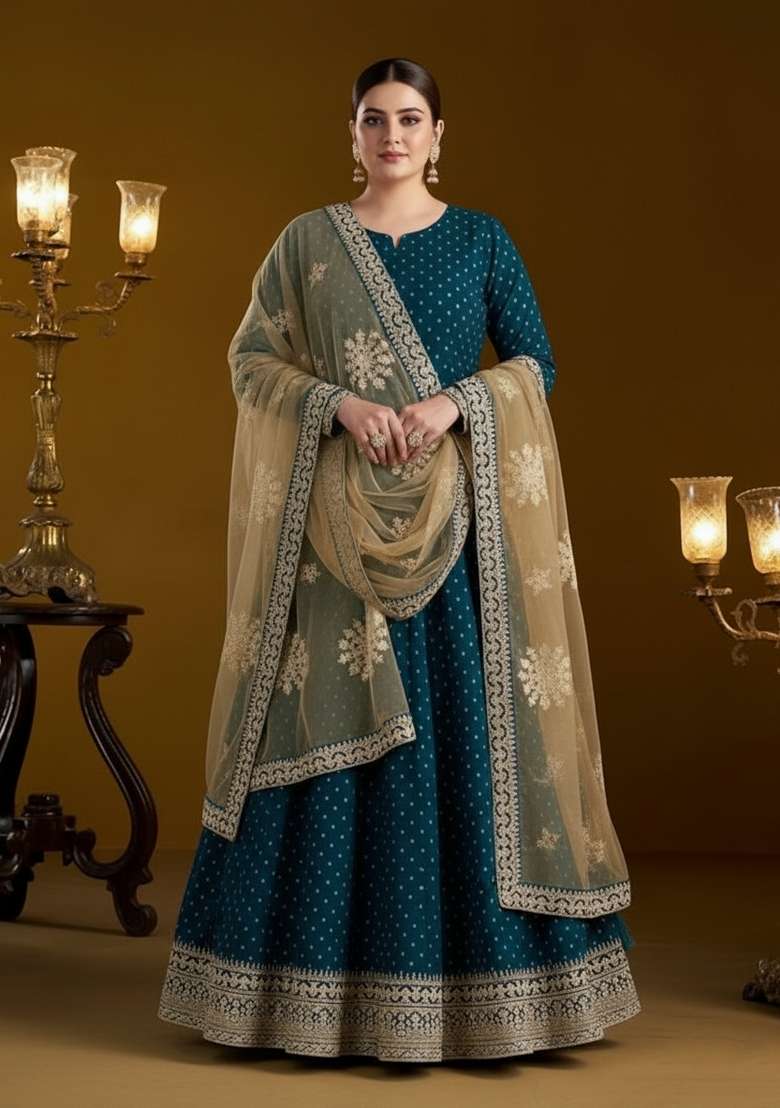 Teal Embroidered Poly Blend Anarkali Set - Indya