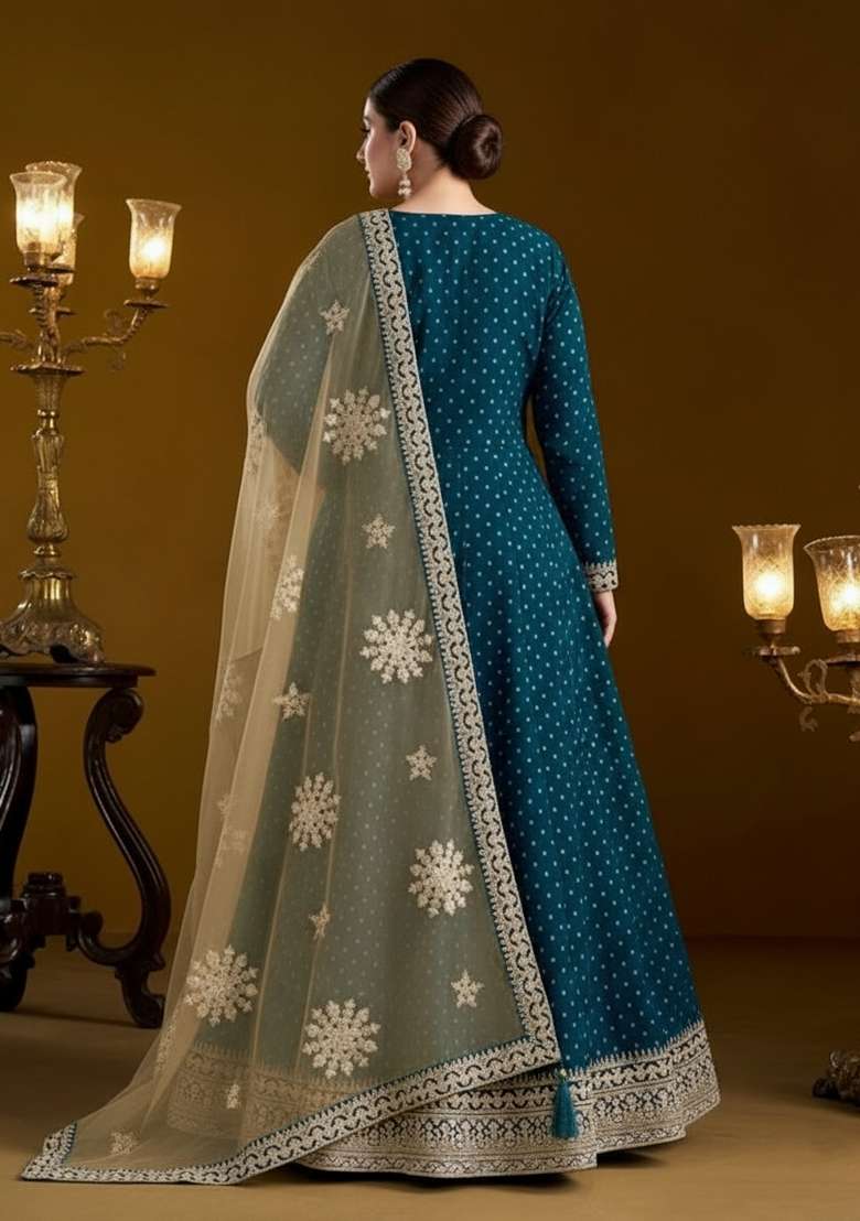 Teal Embroidered Poly Blend Anarkali Set - Indya