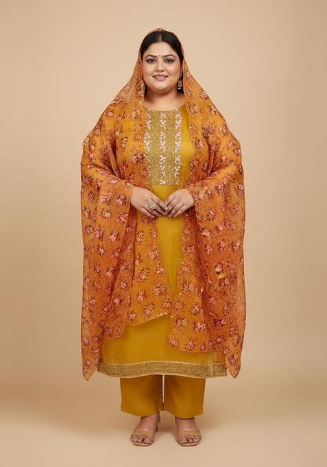 Yellow Embroidered Organza Kurta Set