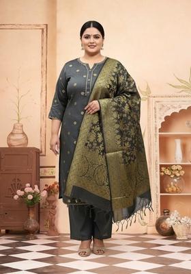 Grey Motif Poly Blend Kurta Set