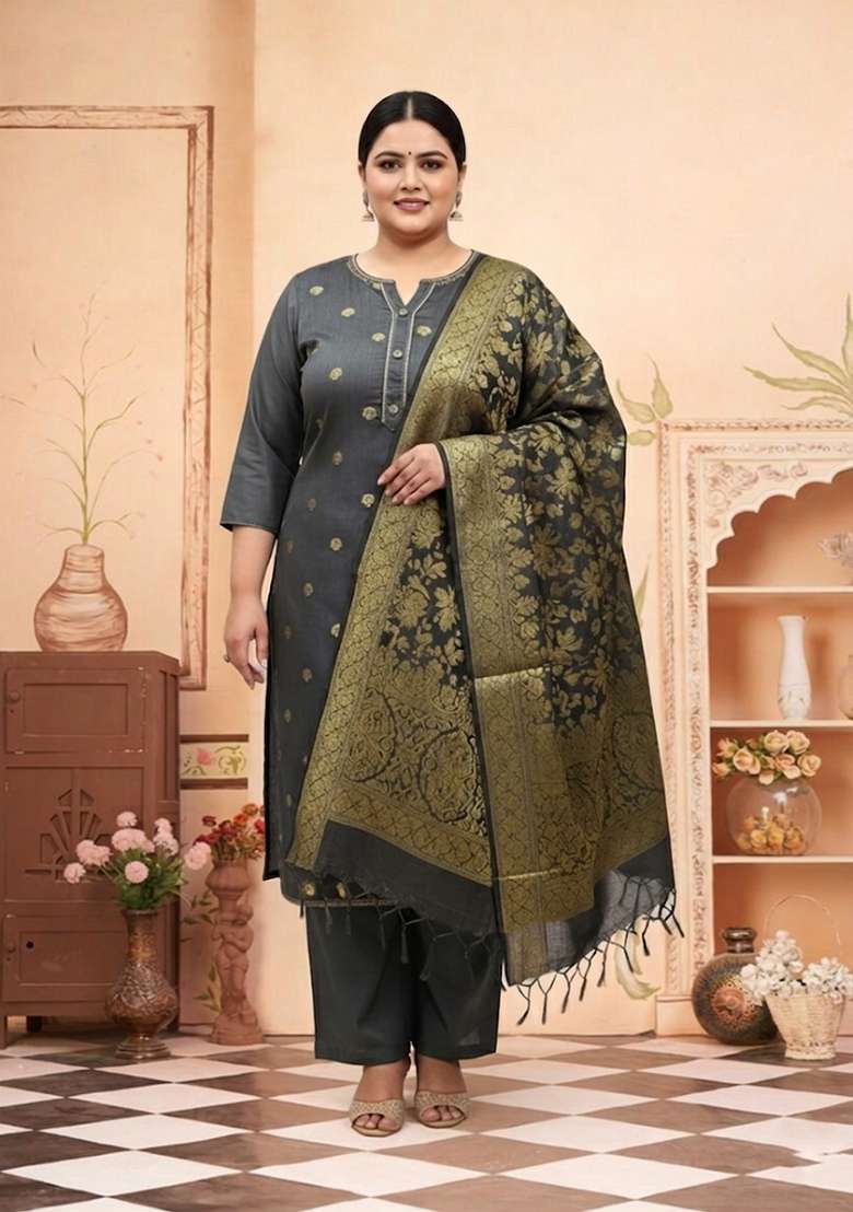Grey Embroidered Blended Straight Kurta Set - Indya