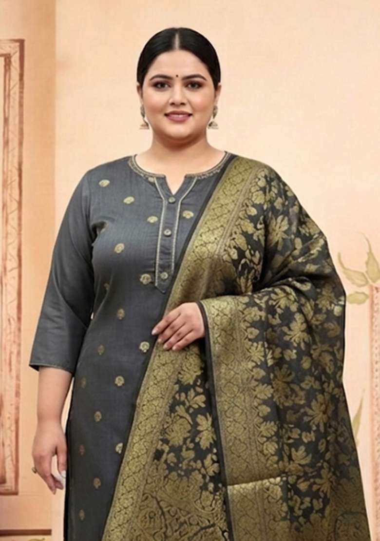 Grey Embroidered Blended Straight Kurta Set - Indya