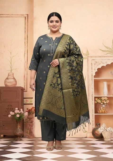 Grey Motif Poly Blend Kurta Set