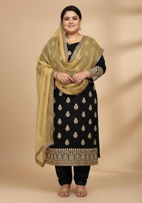 Black Embroidered Cotton Blended Kurta Set