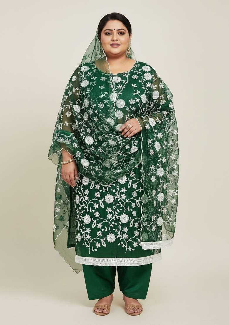 Green Chikankari Organza Straight Kurta Set - Indya