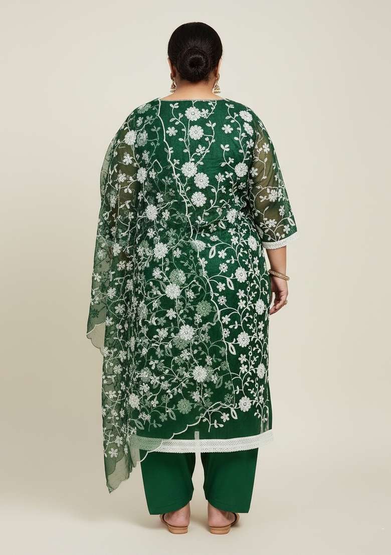 Green Chikankari Organza Straight Kurta Set - Indya