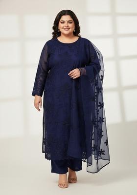 Blue Embroidered Poly Blend Kurta Set