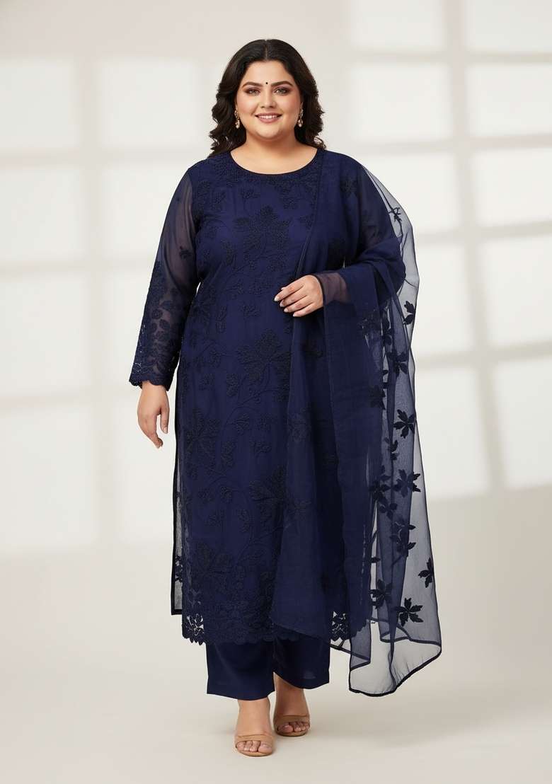 Blue Embroidered Blended Straight Kurta Set - Indya