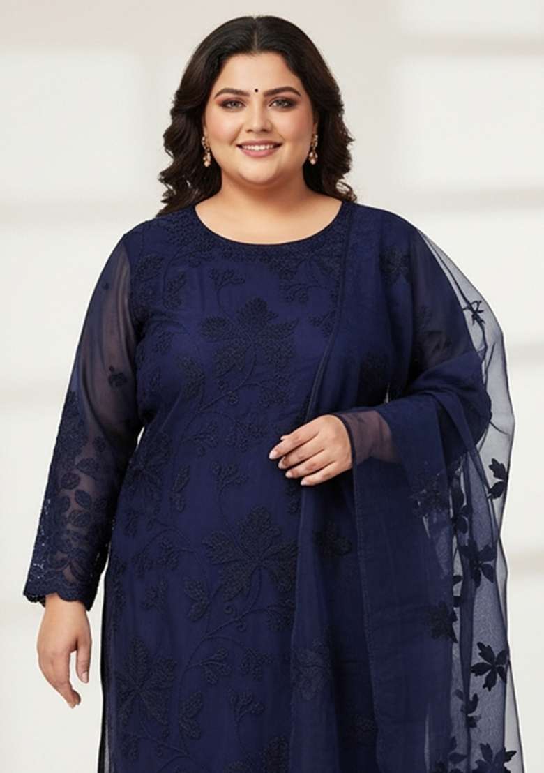 Blue Embroidered Blended Straight Kurta Set - Indya