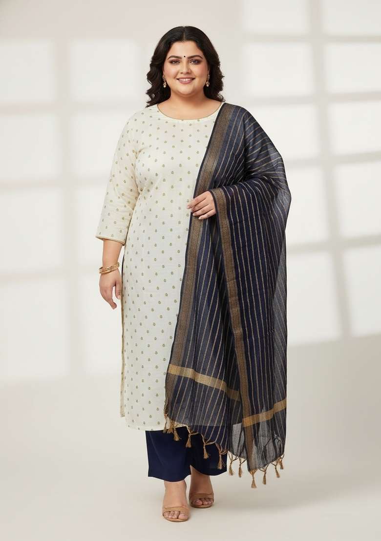 White Printed Blended Straight Kurta Set - Indya