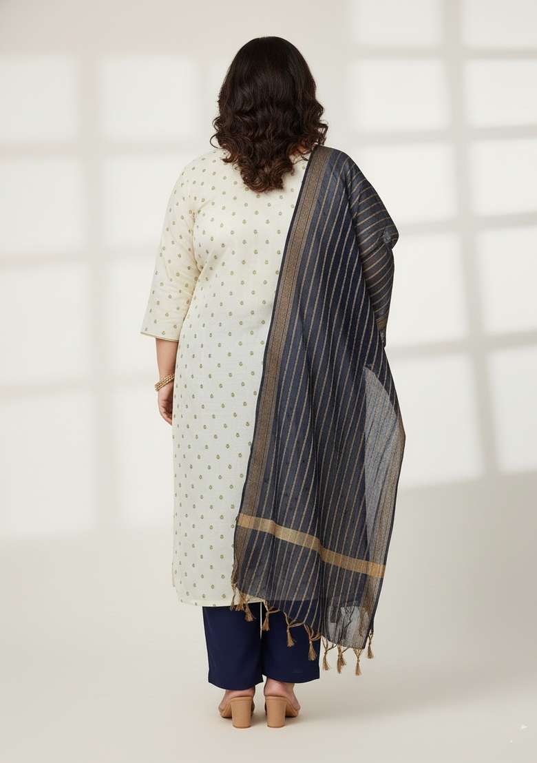 White Printed Blended Straight Kurta Set - Indya