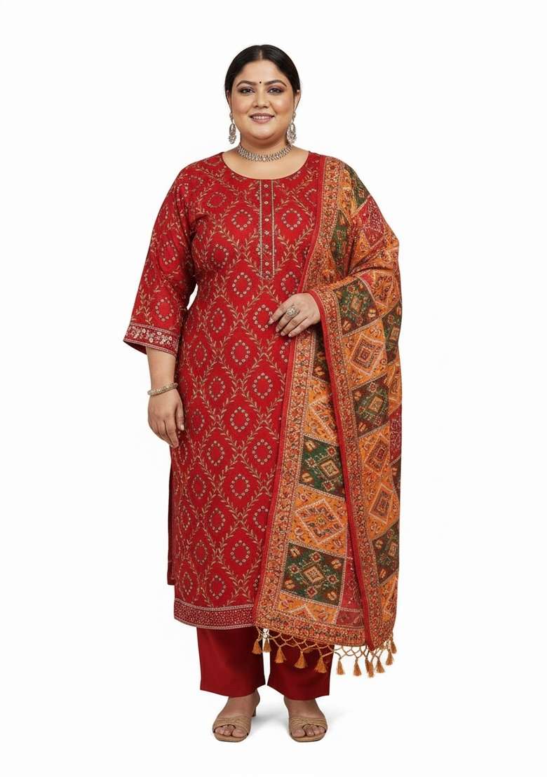 Red Bandhani Cotton Straight Kurta Set - Indya