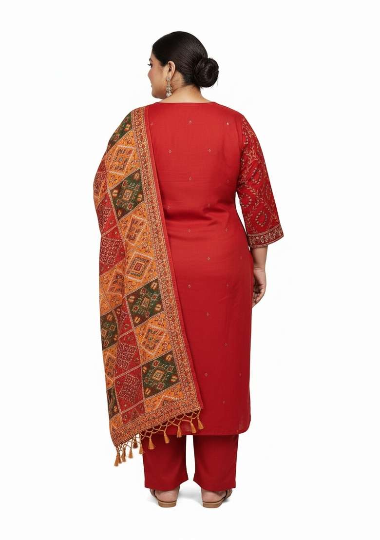 Red Bandhani Cotton Straight Kurta Set - Indya