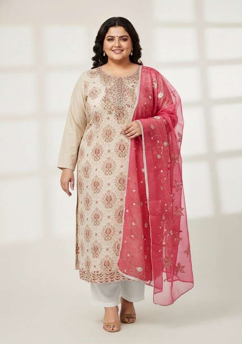 Off White Embroidered Poly Straight Kurta Set - Indya