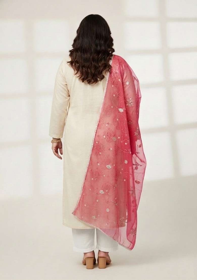 Off White Embroidered Poly Straight Kurta Set - Indya