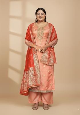 Peach Embellished Organza Kurta Set