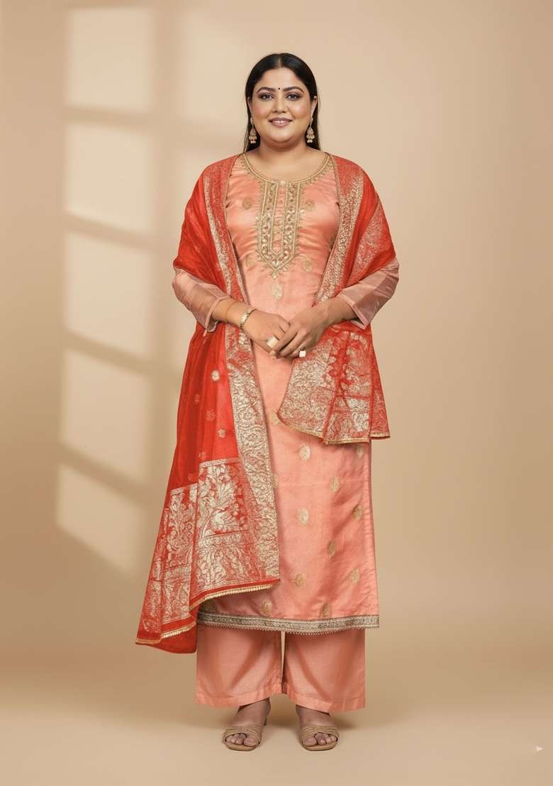 Peach Embroidered Organza Straight Kurta Set - Indya