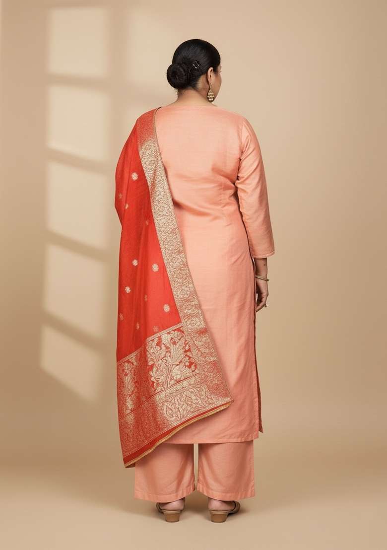 Peach Embroidered Organza Straight Kurta Set - Indya