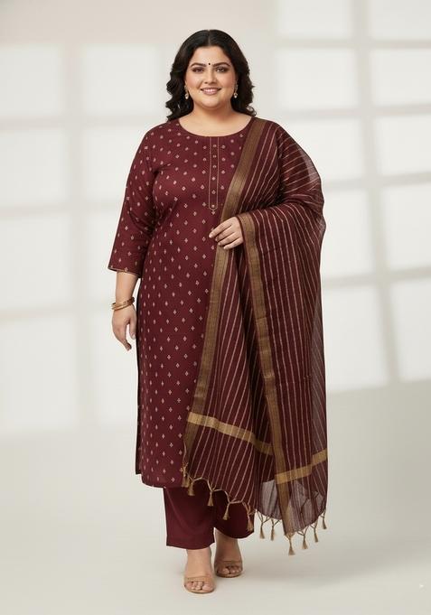 Magenta Motif Poly Blend Kurta Set
